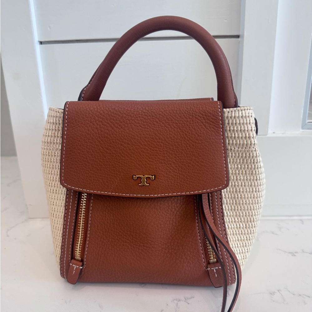 Tory Burch Tan Leather & Raffia Mini Bag with long detachable leather strap